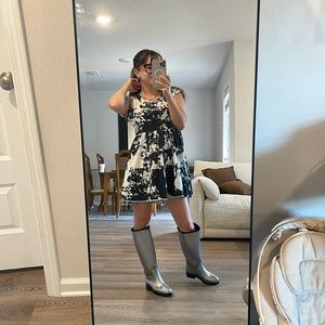 Black and white tie dye baby doll dress with raw hems